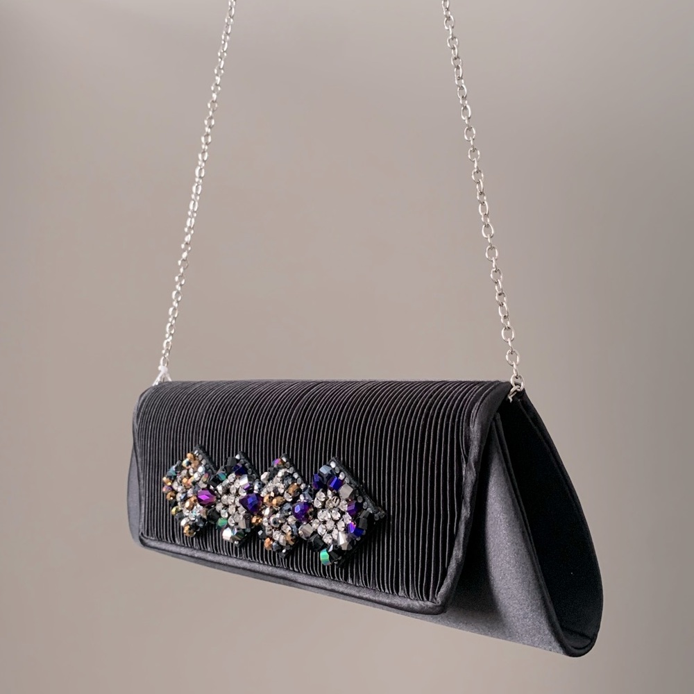 Black Crystal Clutch Satin Silk Rhinestone Silver Embellish Purse Chain Handbag - Picture 2 of 11